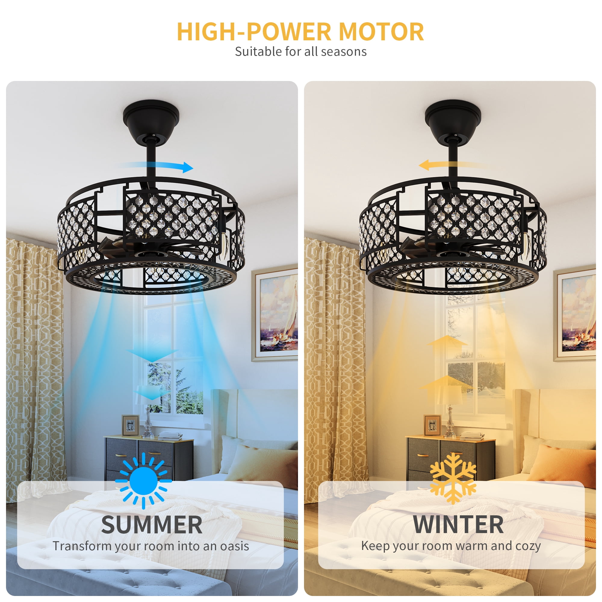 Dextrus Industrial Ceiling Fan with Remote, 3 Speed and 3 ABS Blades Indoor Crystal Chandelier Fan for Living Room Bedroom Study Dining Room, Matte Black