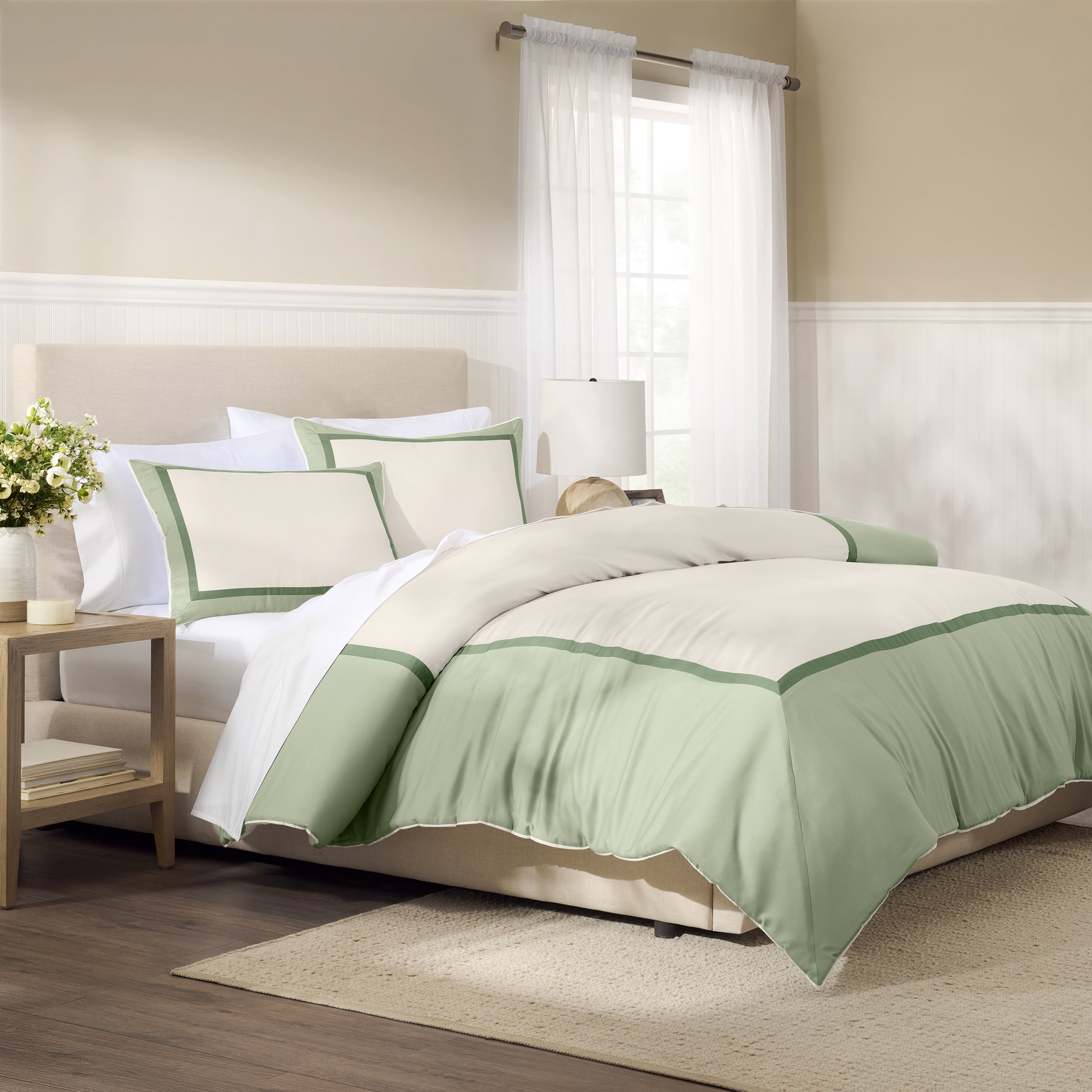 Wamsutta 1846 Cotton Tencel 3-Piece Desert Sage Henley Border Comforter Set, Full/Queen