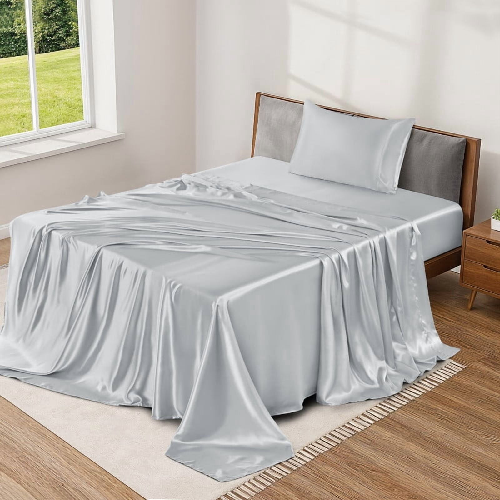 Home Collection Deals Lux Decor Satin Sheets Twin Size - 3 Piece Cooling Silky Bed Sheet Set for Hair and Skin, Similar to Silk, 15" Deep Pocket, OEKO-TEX Certified (Gray)