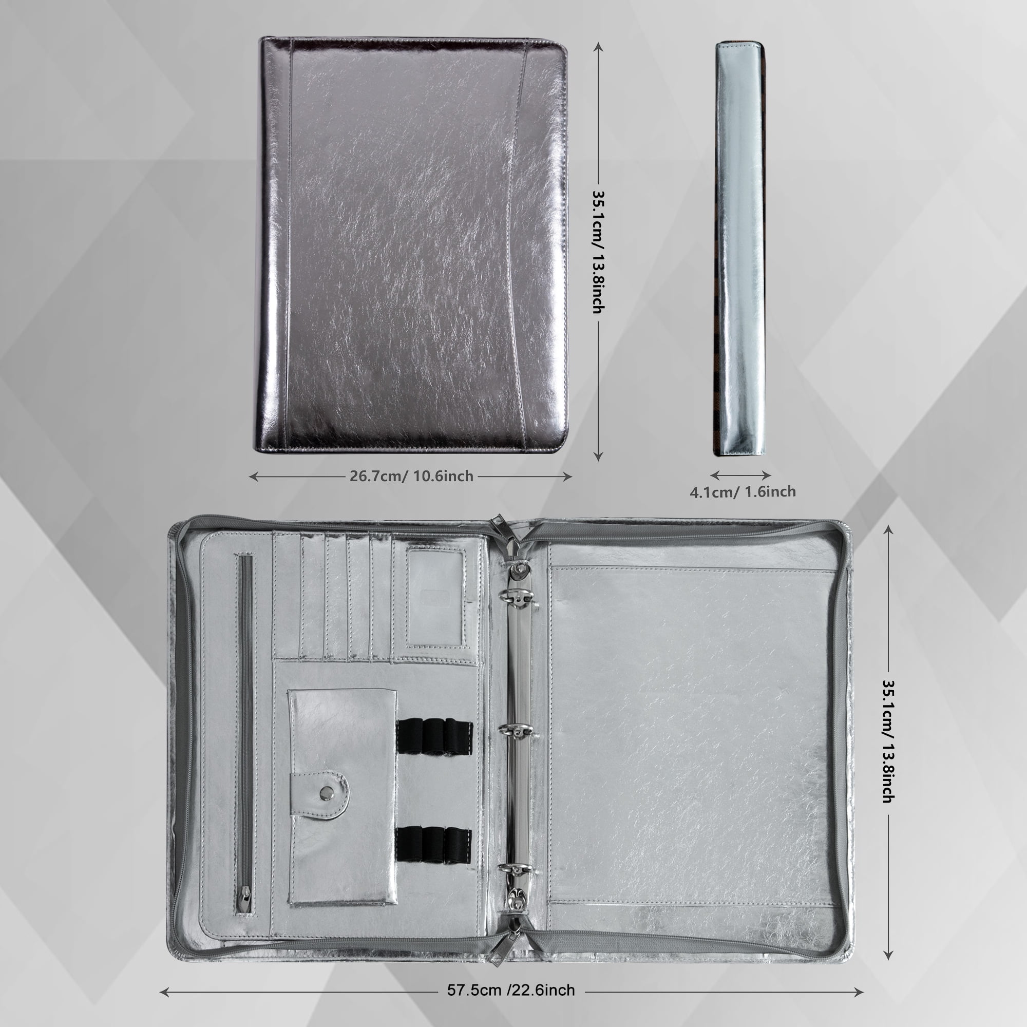 LeatherBelief Classic Silver Portfolio 3 Ring Binder,Vegan Leather Portfolio Binder with Zipper,Business Padfolio Organizer Notepad Holder,Folder with Tablet Sleeve for ipad Pro 13 MacBook