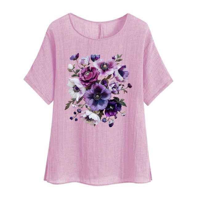 Camiseta de Mujer Camiseta de Manga Corta Impresión Casual Raglan Suelto de Lino Top Blusas, Cuello de la Tripulación
