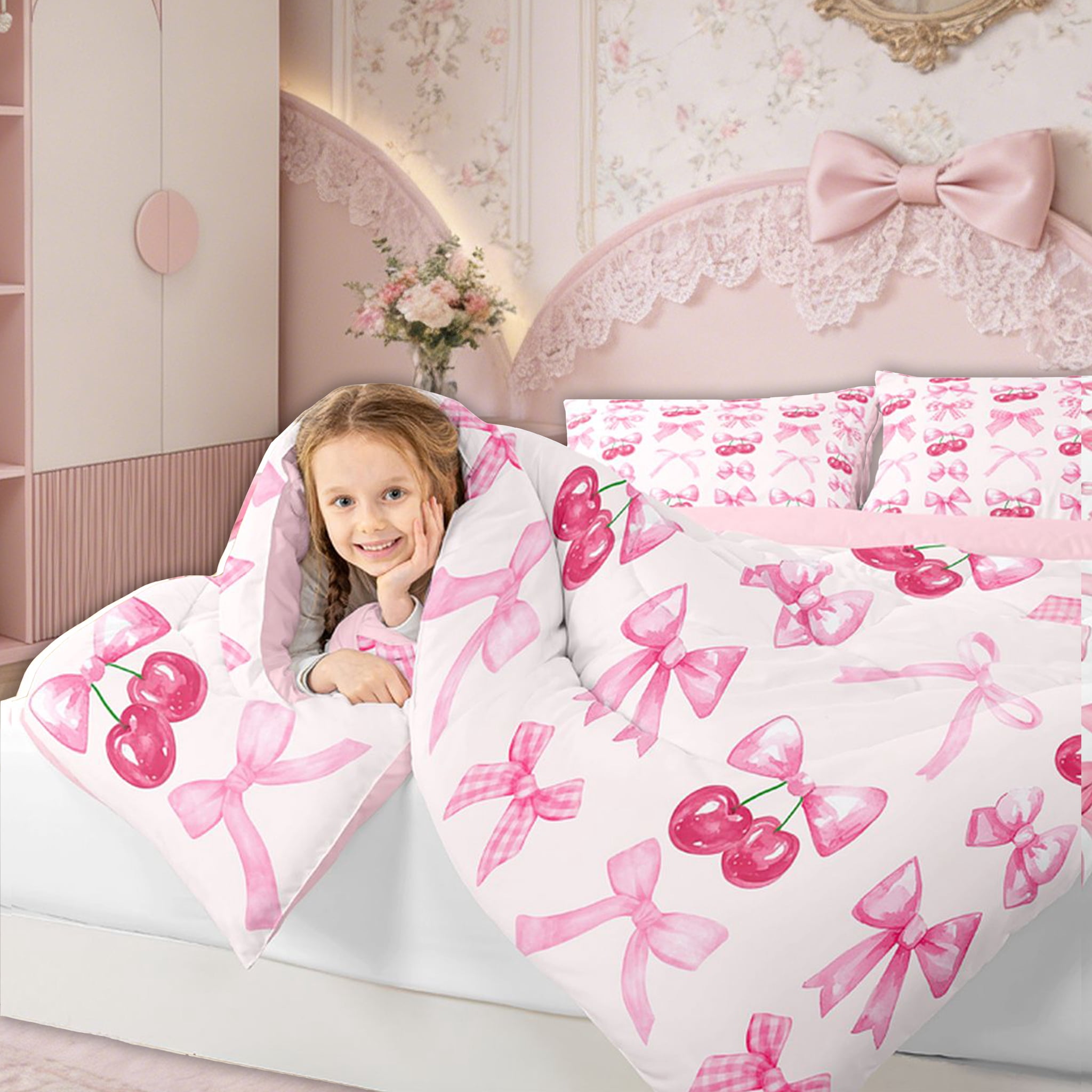 Erosebridal Pink Plaid Bow Bedding Comforter Sets Twin Cute Bowknot Comforter Set Grids Ribbon Bow Cherry Bedding Set Kawaii Watercolor Duvet Insert Teen Women Room Decor 2 Pcs
