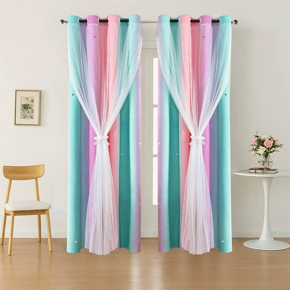Cortinas de ensueño con diseño de estrellas y doble capa con efecto degradado. Presentan estampados de estrellas cortados con láser y un tejido de poliéster transparente que aporta un brillo suave y