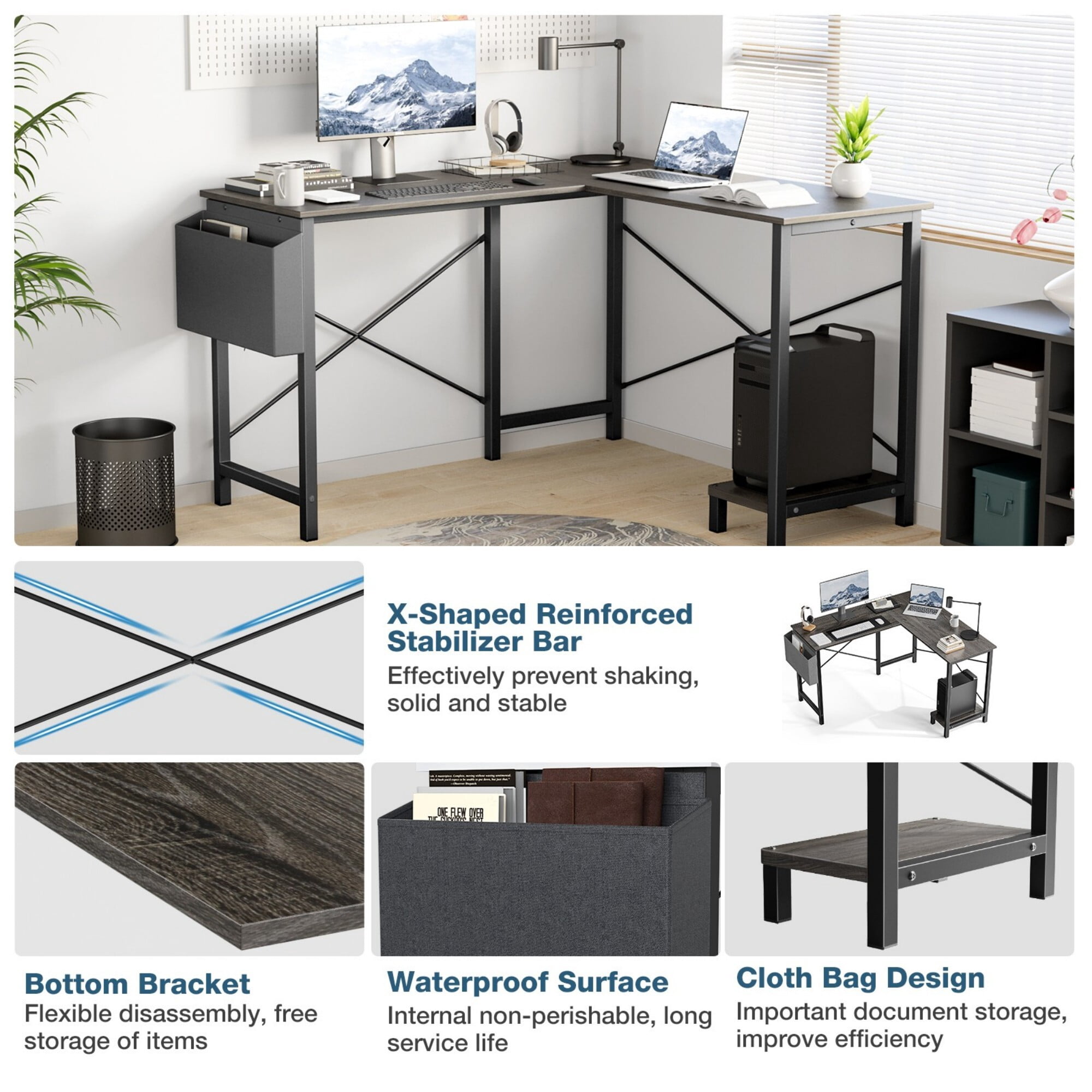 AENKYO 50" Reversible L-Shaped Computer Desk with Storage Bag & CPU Stand, Corner Desk for Home Office or Gaming, Dark Gray