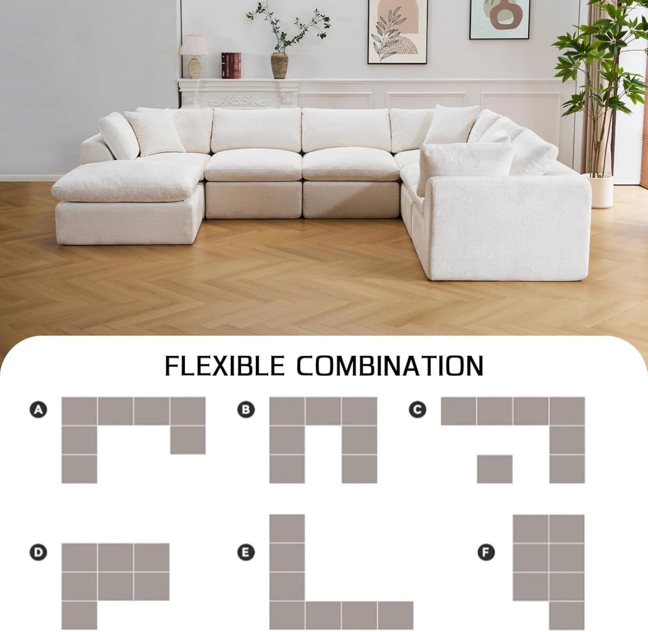 Oversized U-Shaped Sectional Sofa with Ottoman, 7-Seater Chenille Modular Sofa with Deep Seat, Cloud Sofa Boneless Couch for Living Room Apartment