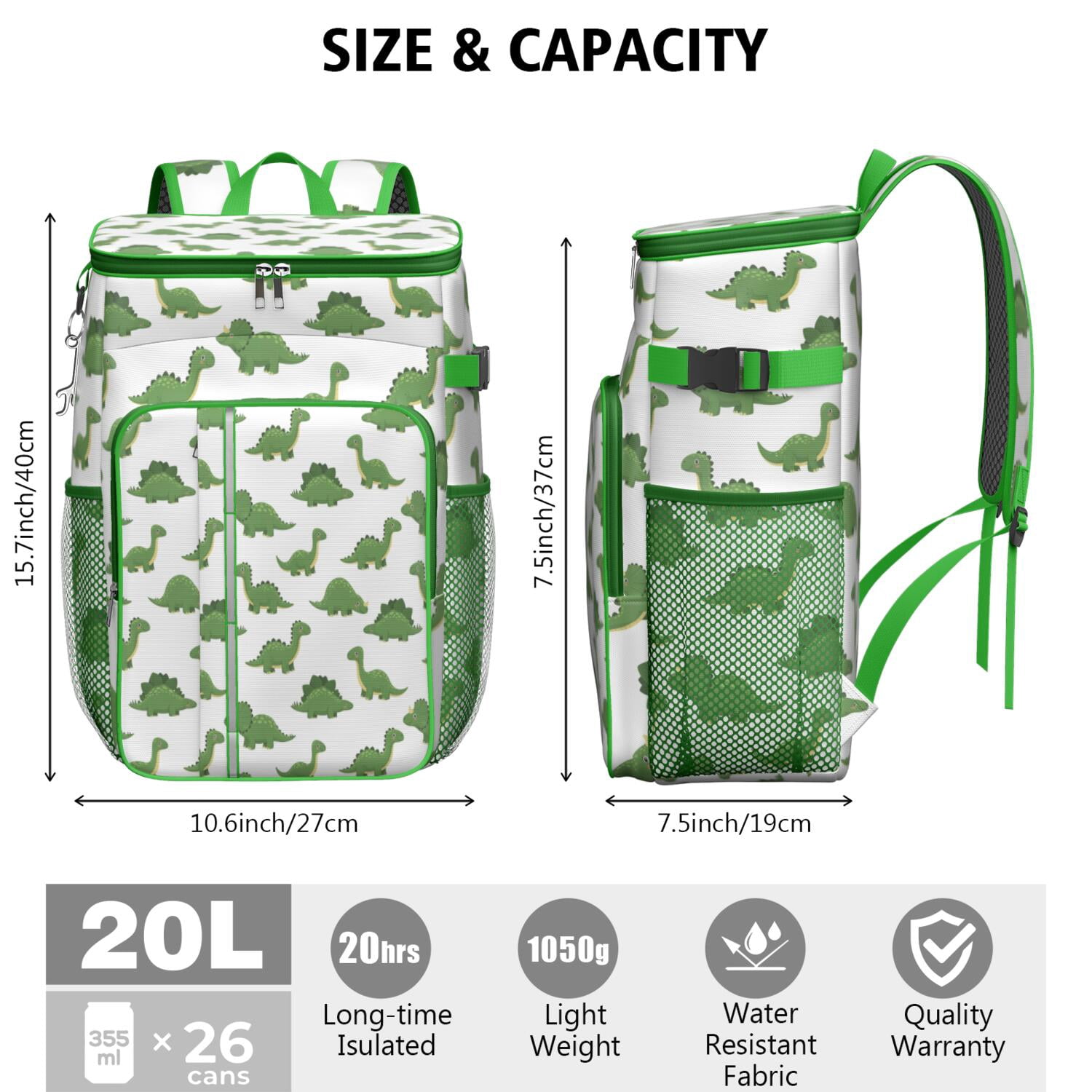 Travel Cooler Bag - White Green Dinosaurs Pattern Camping Beer Cooler Backpack with Bottle Opener- Waterproof Insulated Picnic Backpacks - Cooler Bag for Beach