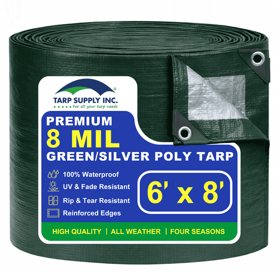 Tarp Supply, Inc. - 6' x 8' Heavy Duty Green/Silver Poly Tarp with Aluminum Grommets and Reinforced Corners, Waterproof, UV Resistant 8 Mil