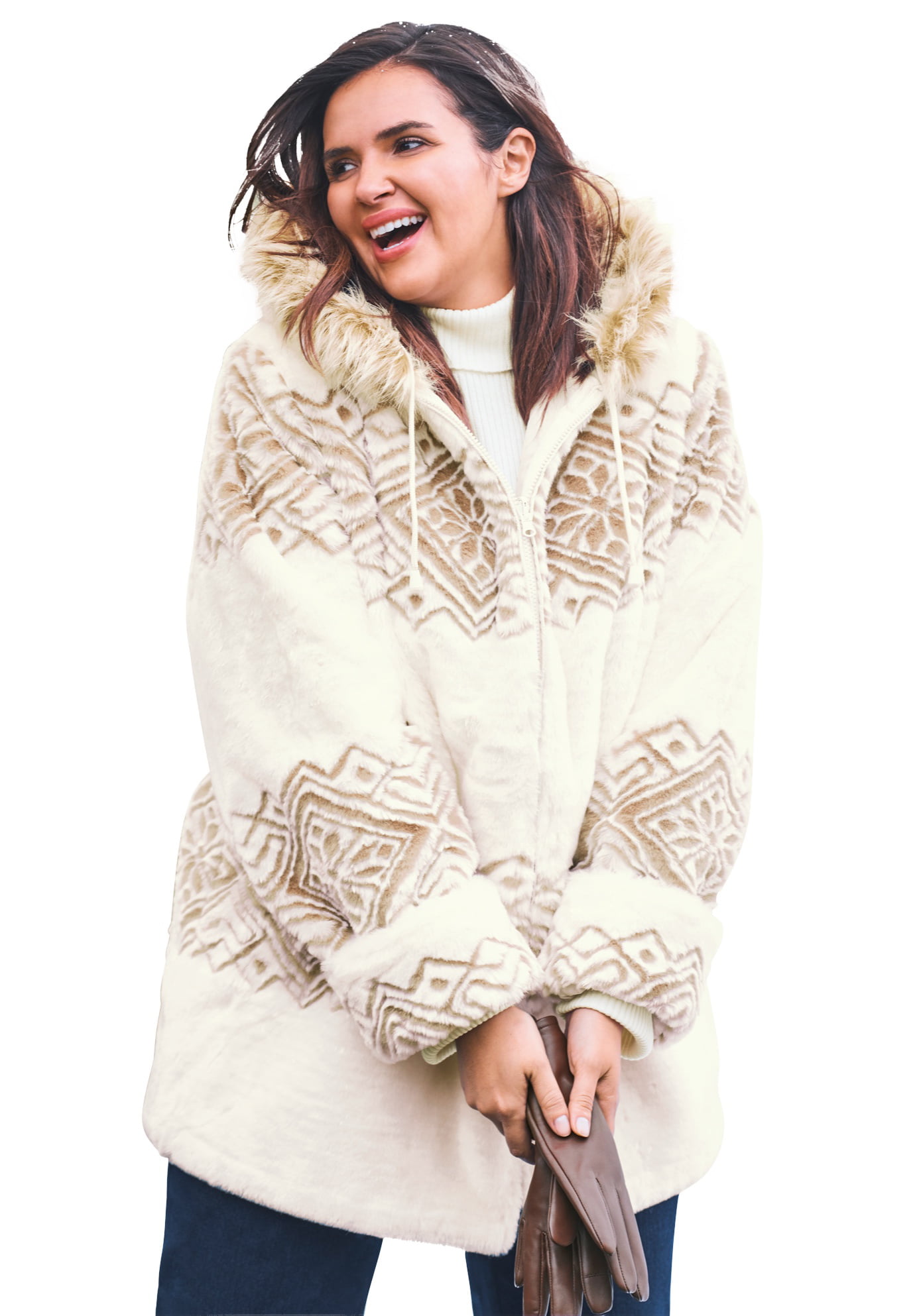 Woman Within Womens Plus Size Faux Fur Snowflake Print Hooded Jacket