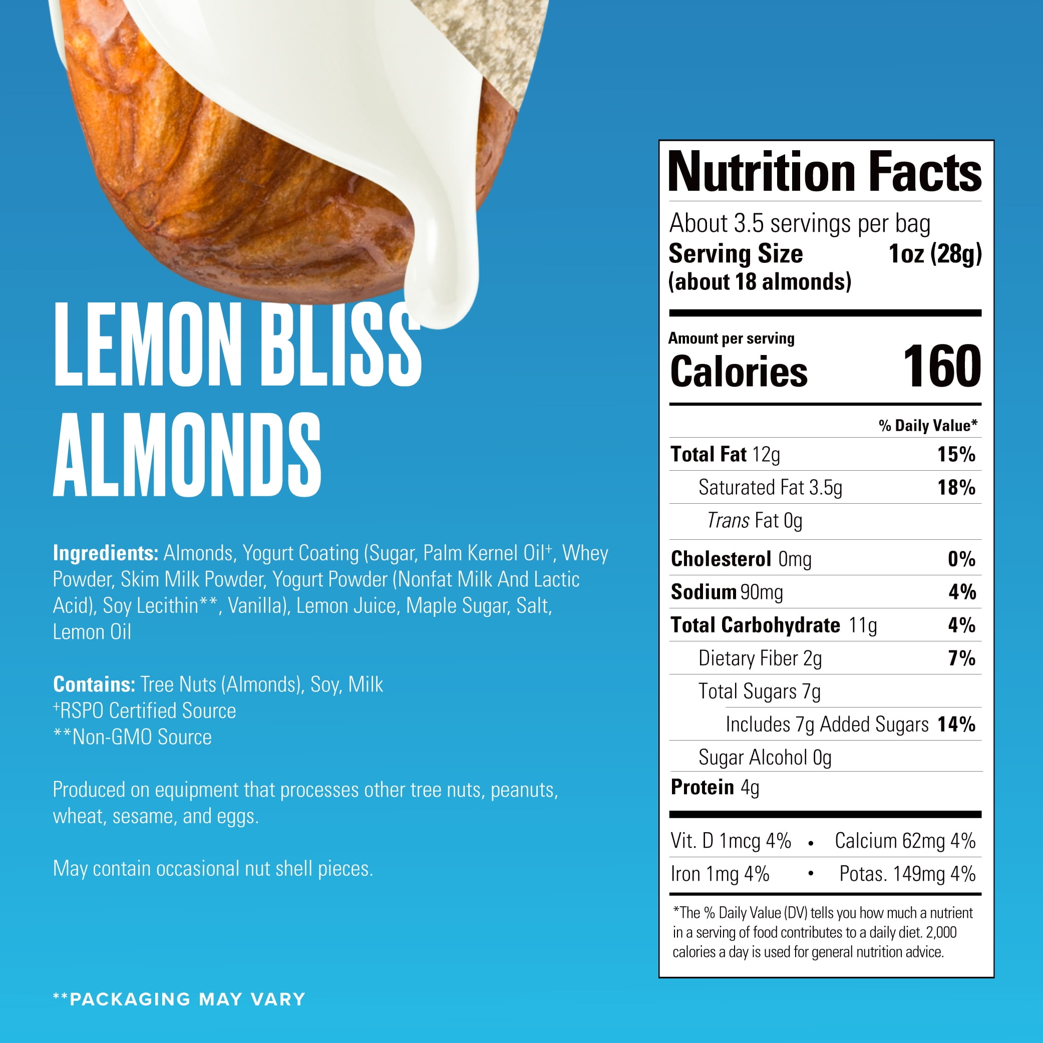 (3 pack) SkinnyDipped Lemon Bliss Yogurt Covered Almonds, Healthy Snack, Plant Protein, Gluten Free, 3.5 oz Resealable Bag