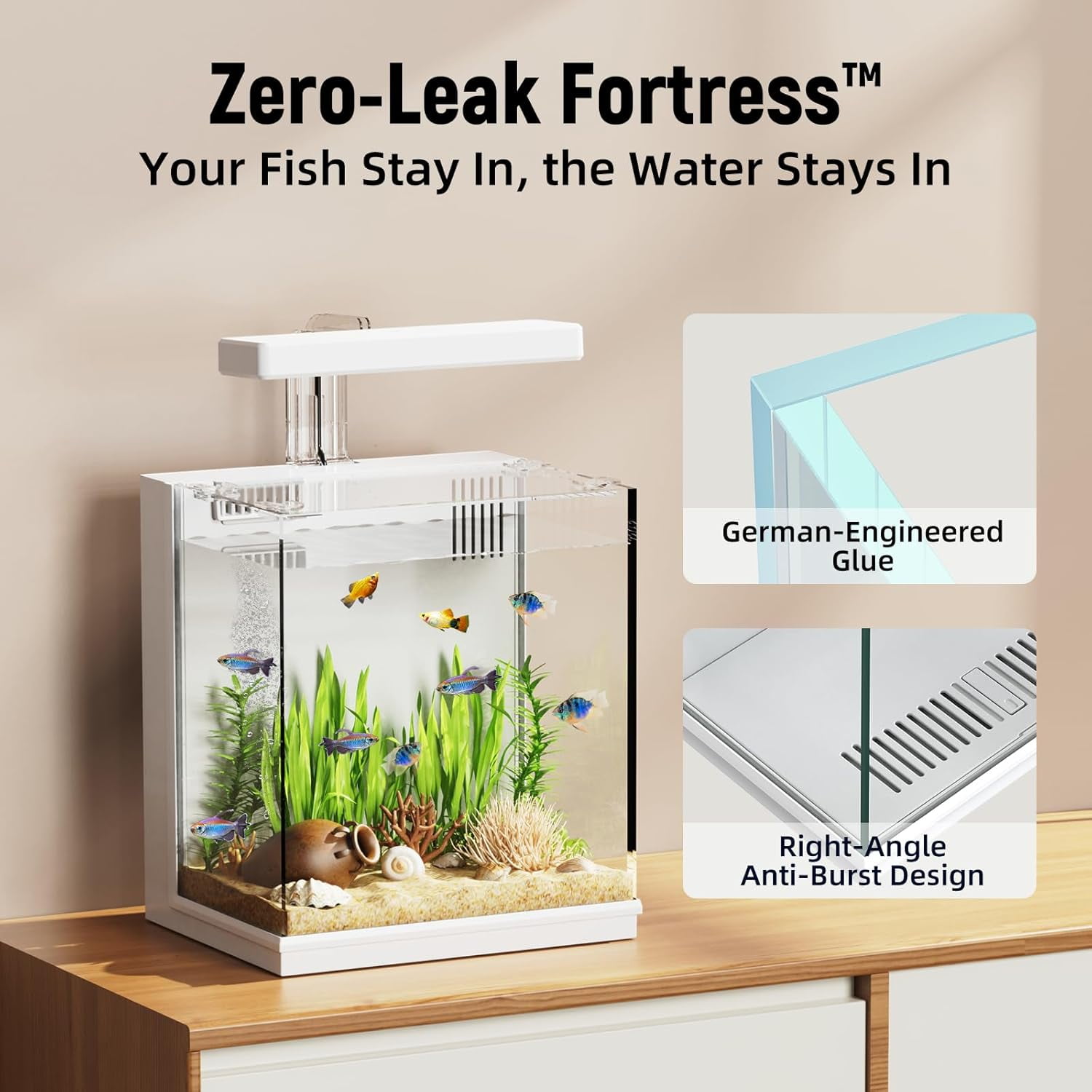 2-Gallon All-in-One Fish Tank – Silent Pump, 3-Stage Filtration & Easy Water Change, Perfect Self-Care Betta Aquarium Kit for Kids & Beginners
