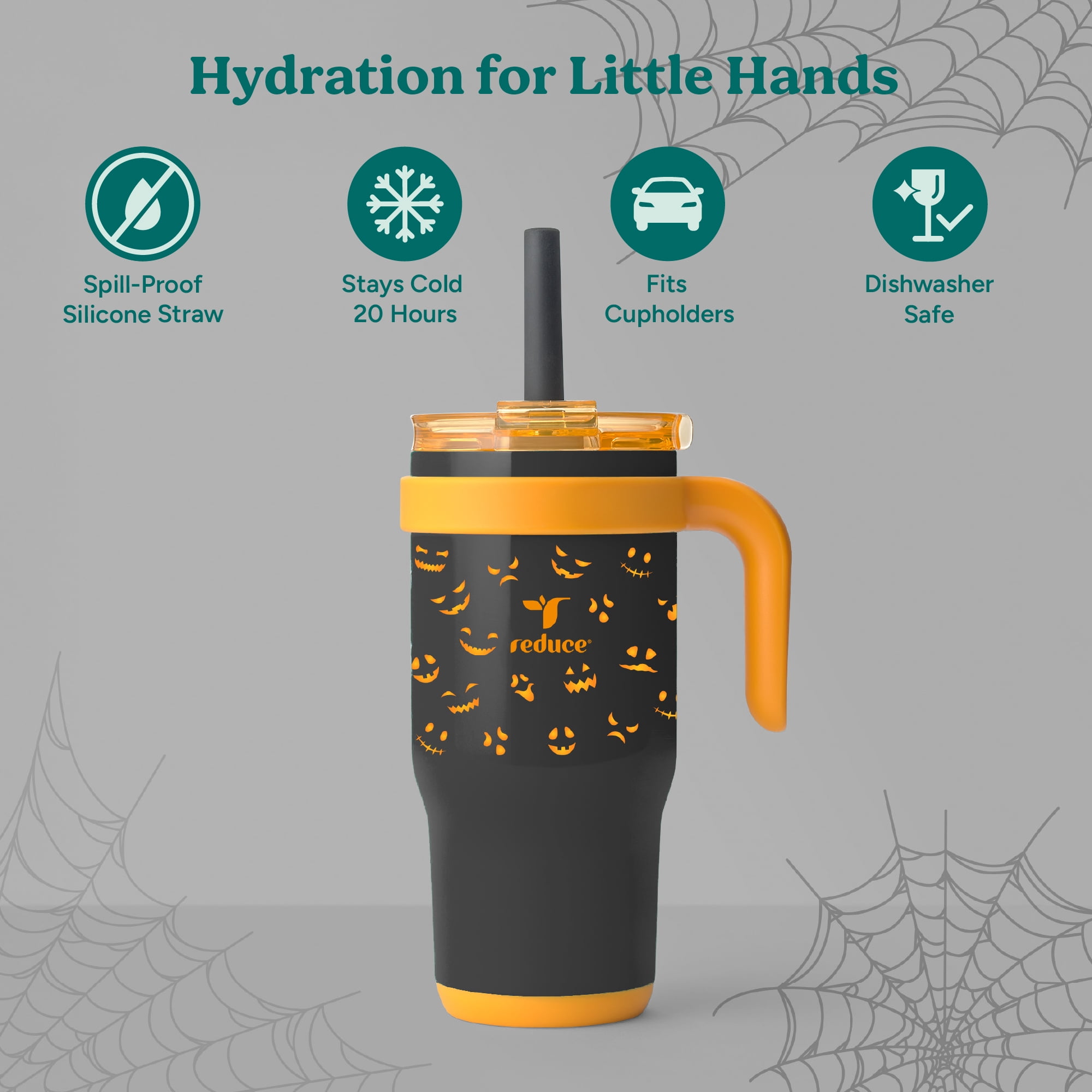 Reduce Coldee Kids 18 oz Halloween Tumbler with Spill-Proof Straw & Handle. Insulated Stainless Steel, Jack-O-Lantern