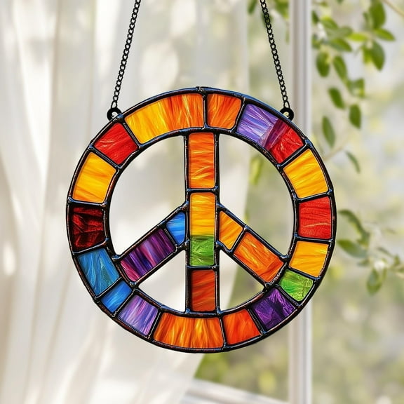 Rainbow Peace Sign Faux Stained Glass Suncatcher, Boho Hippie Window Hanging, Colorful Decor for Pride or 70s Vibes Hippie Home
