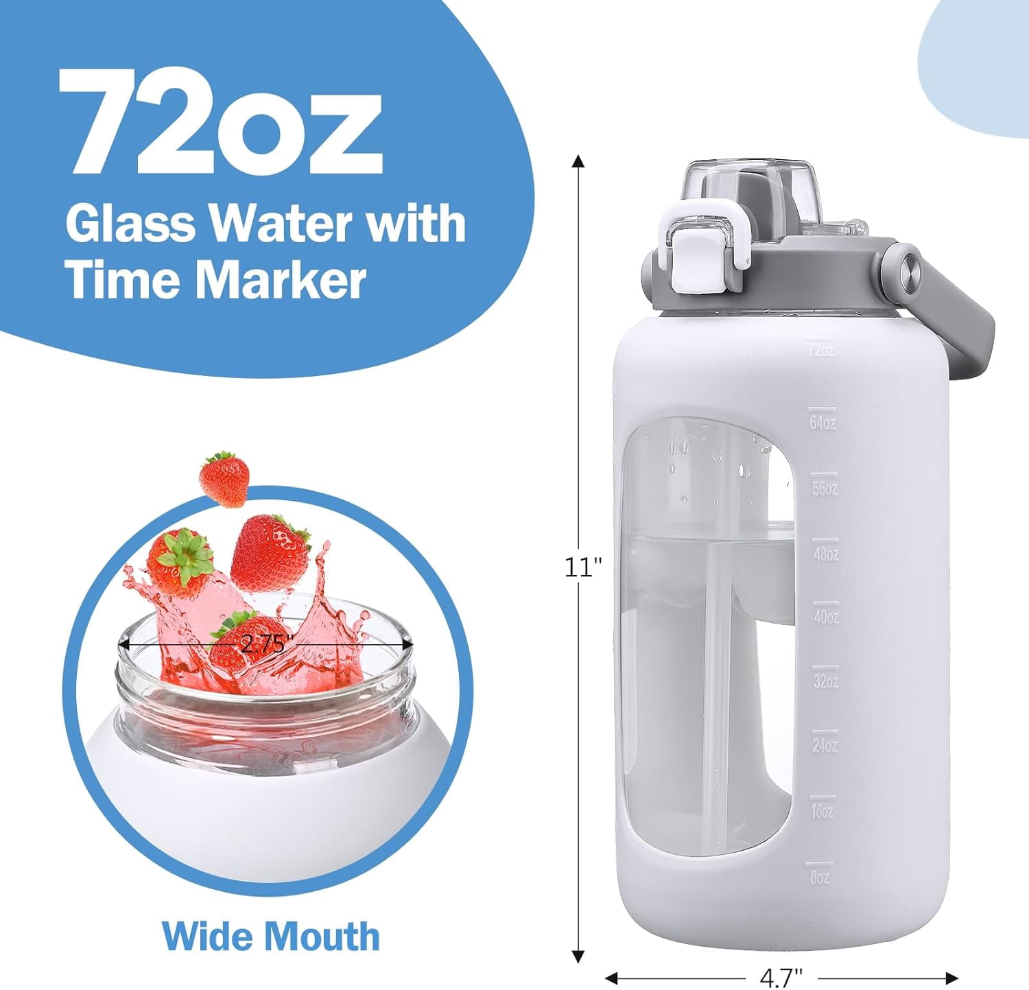 72oz Glass Water Bolttles, 3-in-1 Straw and Sip Spout Handle Lid, Half Gallon Water Bottle with Time Marker and Silicone Sleeve, BPA-Free Sports Water Bottle for Gym, School, Bright Pink