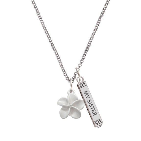 Delight Jewelry Silvertone White Plumeria Flower Silvertone Always My Sister Bar Charm Necklace, 23"