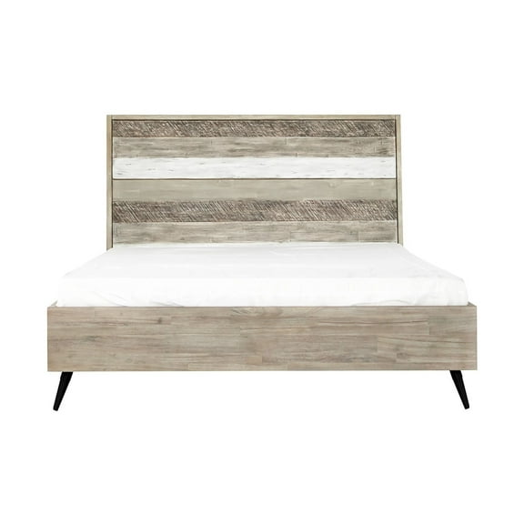 King Size Platform Bed - Acacia Wood Bed Frame with Tall HeadboardStorage
