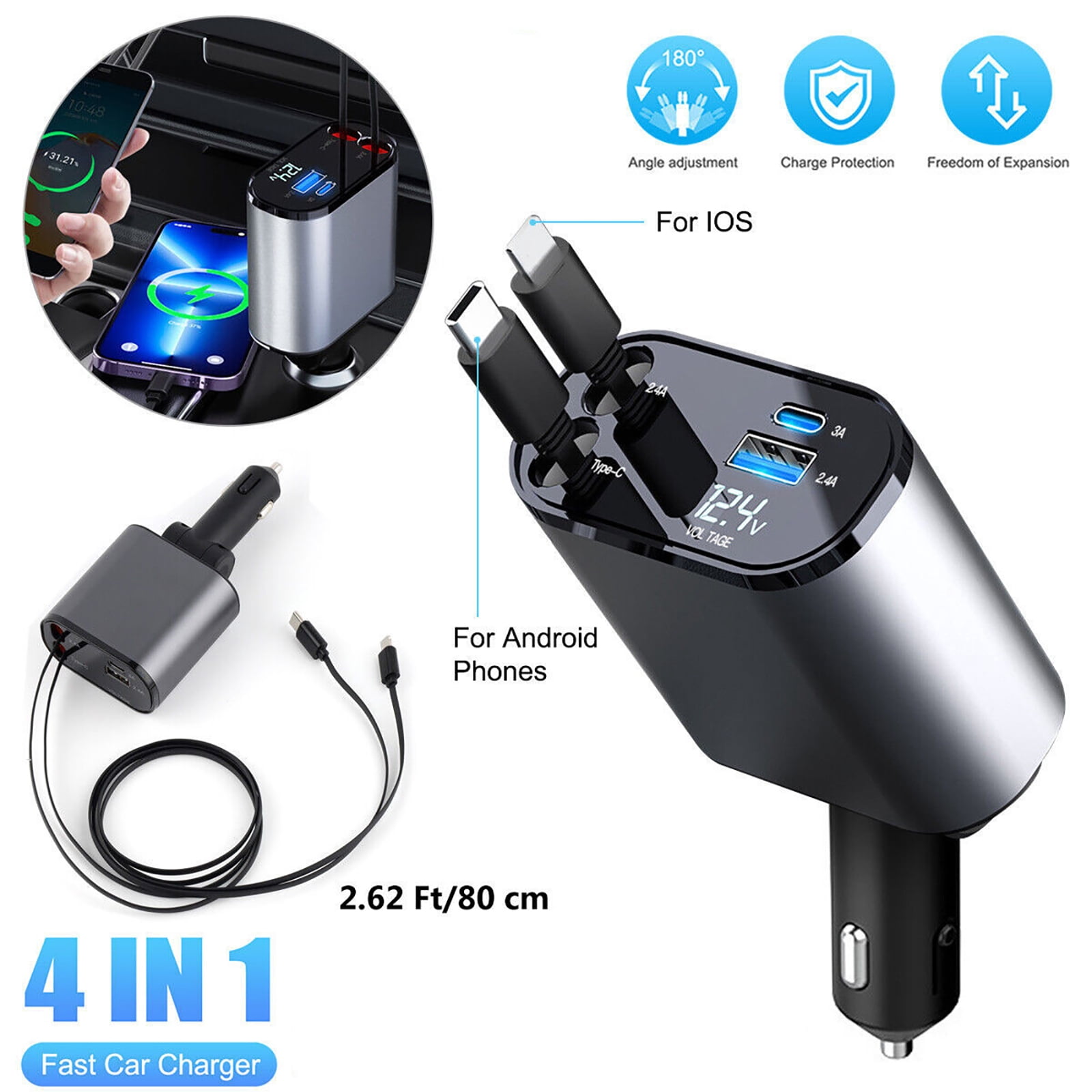 Rapid 100W Car Charger with Dual USB Flexible Telescopic Line Fast Charging for Multiple Devices