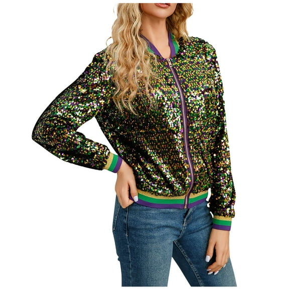 PVCS Trendy Jackets for Women Sequin Bomber Jacket Long Sleeve Tassel Jacket Club Party L