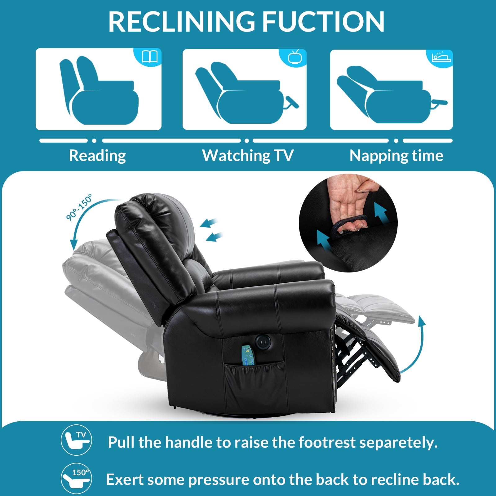 OUINCH Manual 360 Degree Swivel Glider Rocker Recliner Chair with Massage and Heat, USB Ports and 2 Side Pockets, Faux Leather, Black