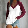 thumbnail image 2 of JGGSPWM Womens Stitching Basic Contrast Color Raglan Sleeve Shirts V Neck Long Sleeve Pullover Tops Blouse Wine XXL, 2 of 4