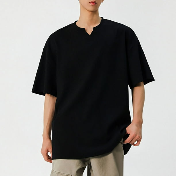 pstuiky camisetas de hombre, Camisa informal de manga corta con cuello en V y textura vertical de color liso para hombre ropa de hombre l