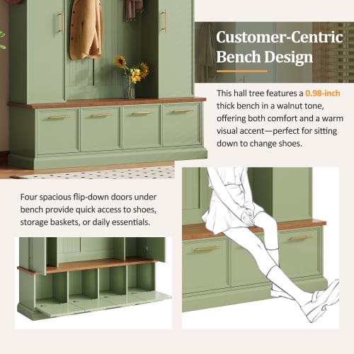 4-in-1 Farmhouse Wooden Hall Tree with Golden Hooks & Handles, Walnut Entryway Bench, Adjustable Shelves, 76.7" Tall Coat & Shoe Rack for Mudroom, Green