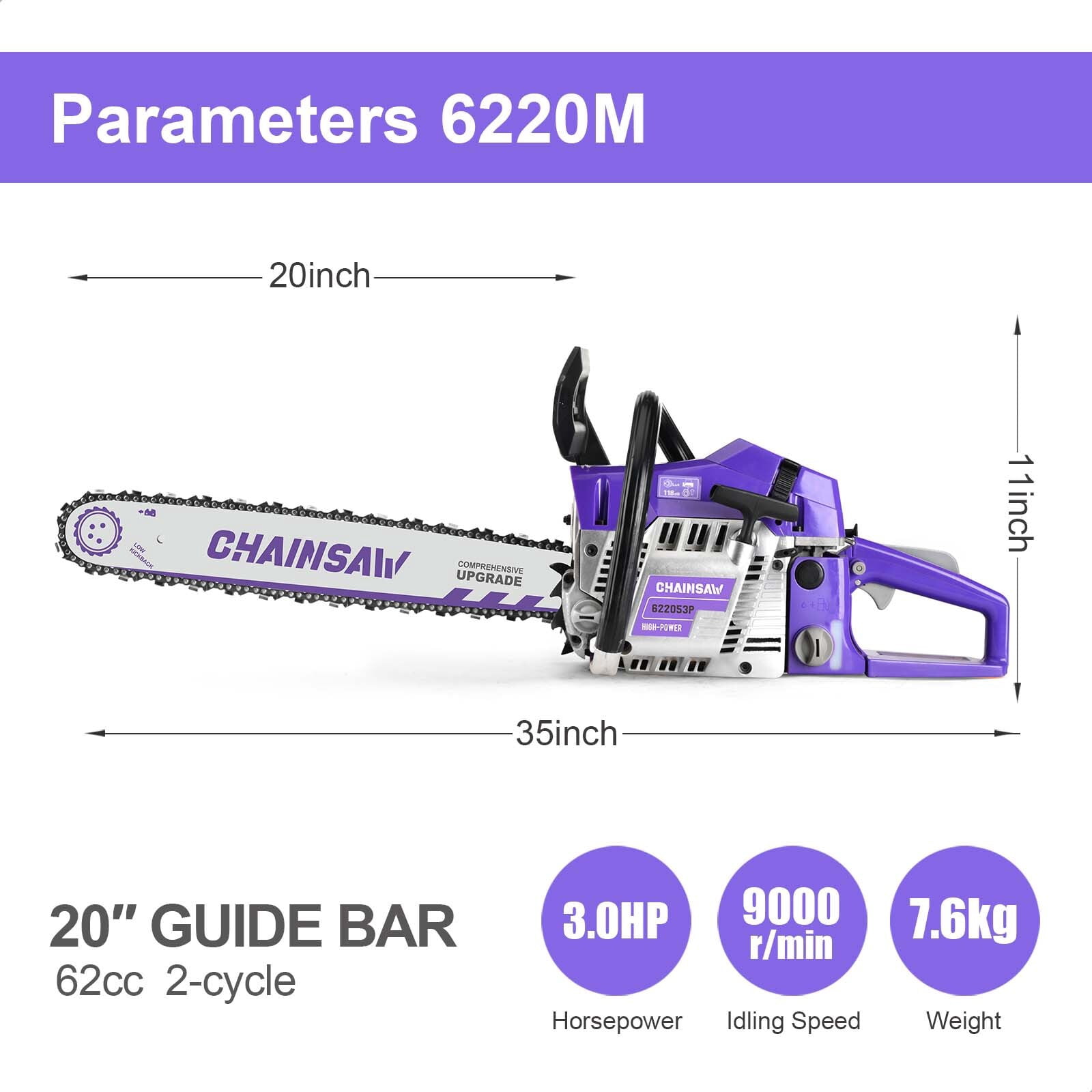 62CC 2-Stroke Gas Chainsaw 20", Professional Chainsaw for Cutting Wood and Pruning Trees 622053P