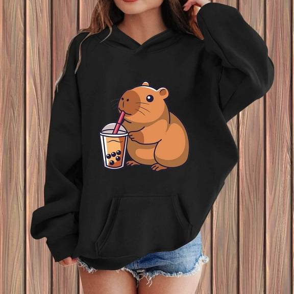 Girls Capybara Print Hoodie Long Sleeve Pocket Sweatshirt Kids Winter 2025 New Cozy