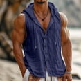 thumbnail image 4 of Men's Sleeveless Hooded Cotton Linen Shirt, Button Down Casual Beach Vest, Lightweight Breathable Summer Vacation Top Navy, 4 of 9