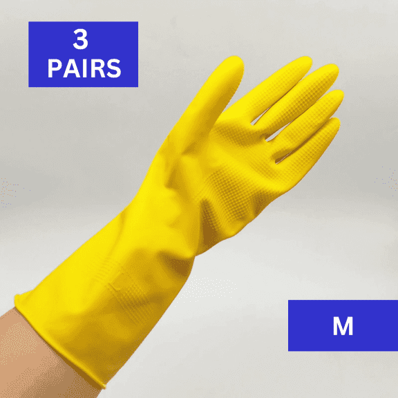 Topfit Reusable Household Dishwashing Cleaning Latex Gloves, Cotton Lining, Kitchen Gloves Yellow (3 Pairs) (Medium)