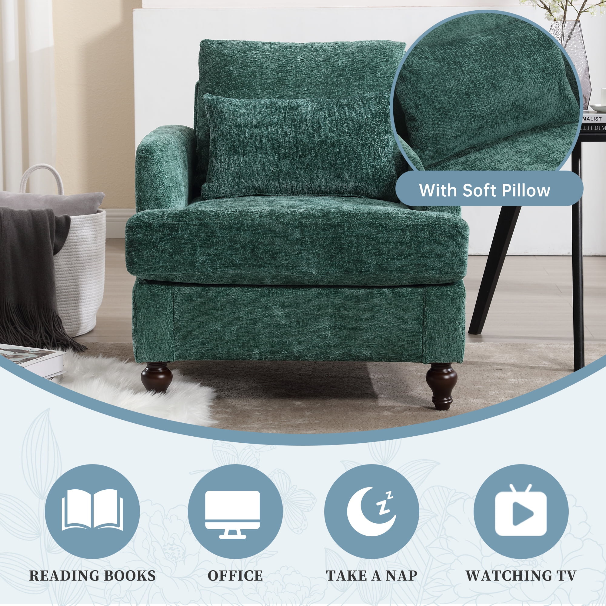 MOONMISS Chenille Upholstered Mid Century Modern Wood Frame Armchair-EMERALD