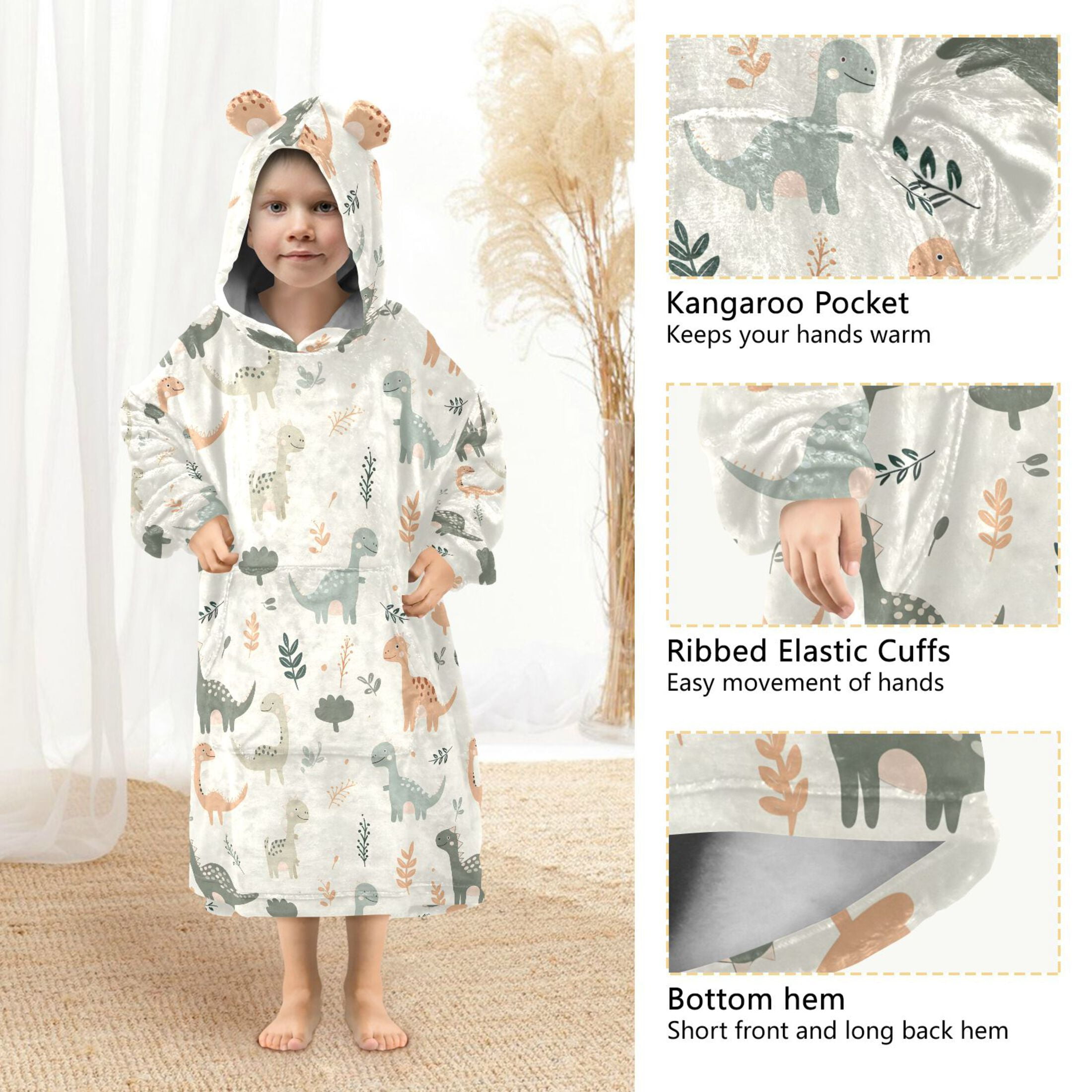 Dailycode Wearable Blanket Hoodie Oversized Sherpa Flannel Blankets with Pocket for 3-14 Year Old Cartoon Dinosaurs and Leaves