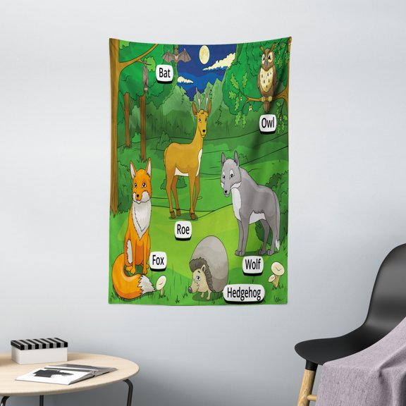 Educational Tapestry, Forest with Cartoon Animals with Names Educational Intellectual Fun Kids Game, Wall Hanging for Bedroom Living Room Dorm Decor, 40W X 60L Inches, Multicolor, by Ambesonne