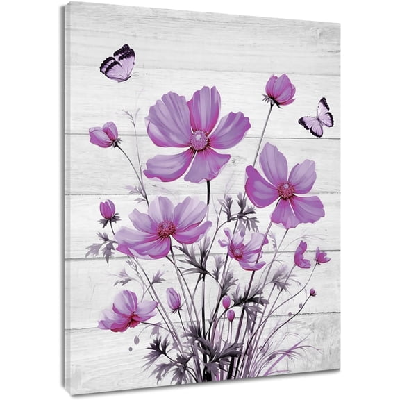 Farmhouse Purple Floral Wall Art Country Flower and Butterfly on Rustic Wood Canvas Wall Art Wildflower Nature Plant Framed Wall Art for Bedroom Bathroom Home Wall Decor,12L X 12W inches