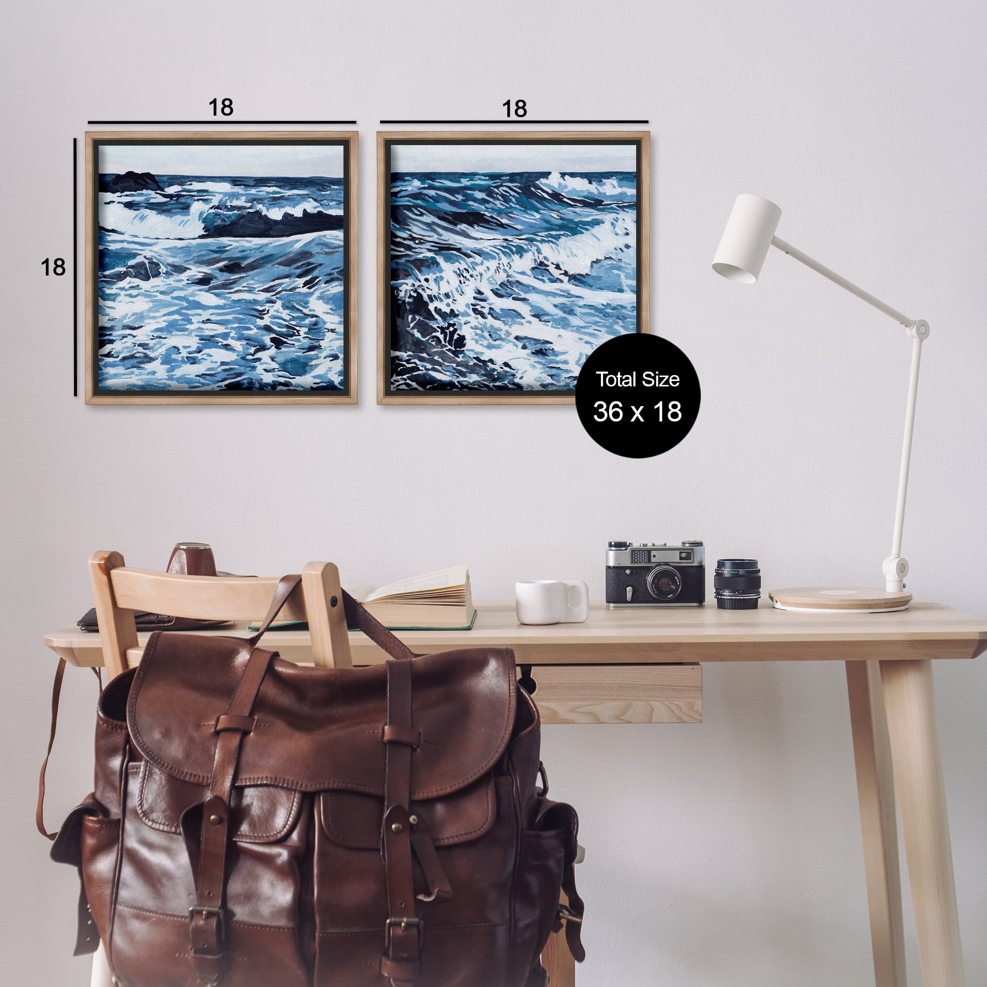 Stupell Industries Breaking Ocean Waves Nautical & Beach Painting Brown Floater Framed Canvas Art Print Wall Art, 18 x 18, Set of 2