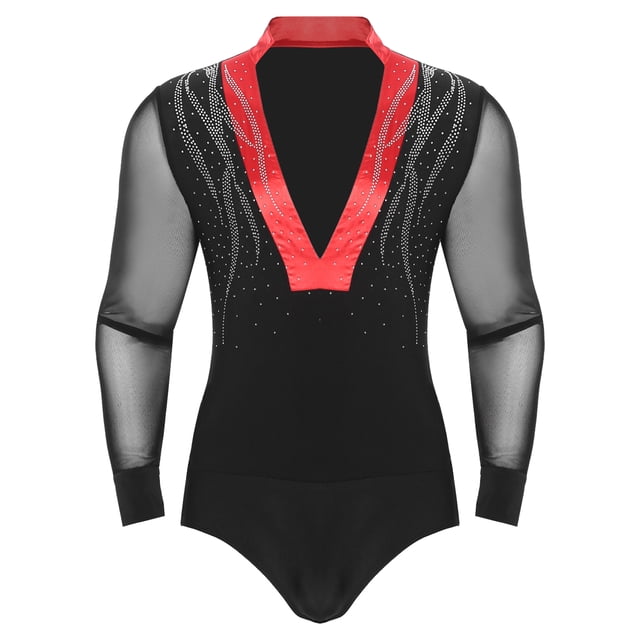 Runhomal Combinaison de Danse de Salon Tango Latin à Col en V Profond avec Strass Scintillants pour Hommes, Rouge m