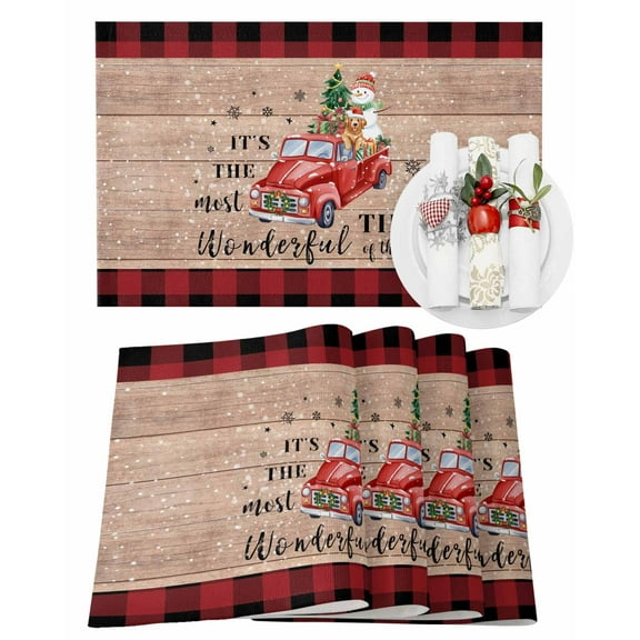 Christmas Placemats Set of 4, Snowman Truck Place Mats It's The Most Wonderful Time Of The Year Placemat Table Decoration for Kitchen Table Dinner Xmas Holiday Party Decor Indoor Outdoor 13x19 Inch