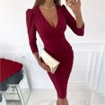 thumbnail image 2 of CEHVOM Robe Femme Aguichant Col en V Amincissant Ourlet Froncé Manches Longues, 2 of 5
