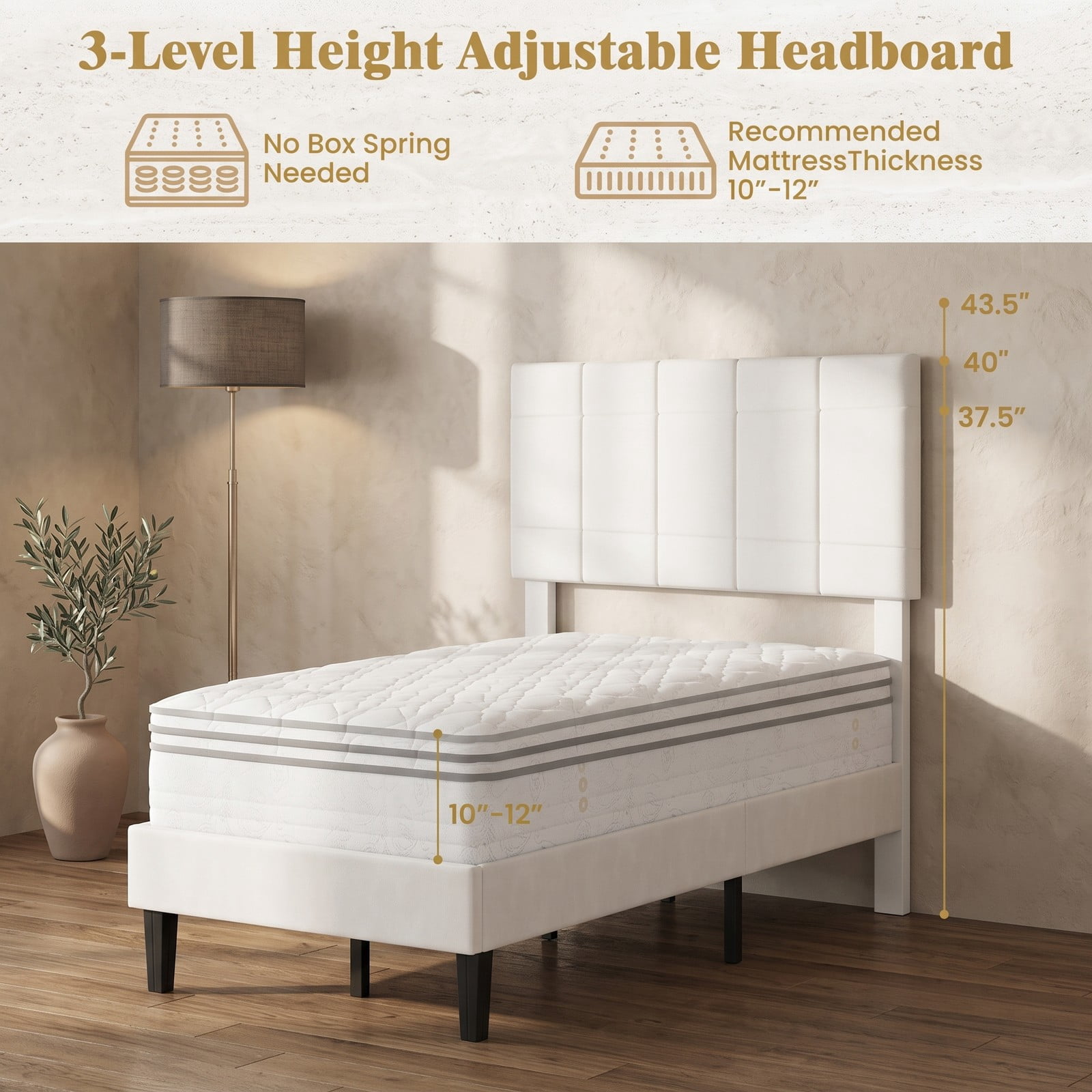 Furnibear Twin Size Velvet Upholstered Platform Bed Frame with Adjustable Vertical Channel Headboard and Wood Slat Support, Beige