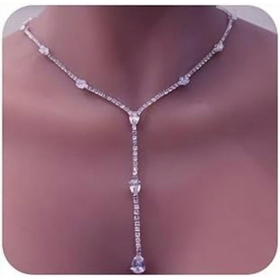 PIKADINGNIS Rhinestones Tennis Chain Necklaces for Women Bling Crystal Zircon Pendant Choker Necklaces for Wedding Prom Dainty Statement Y-Necklaces for Brides (Silver)