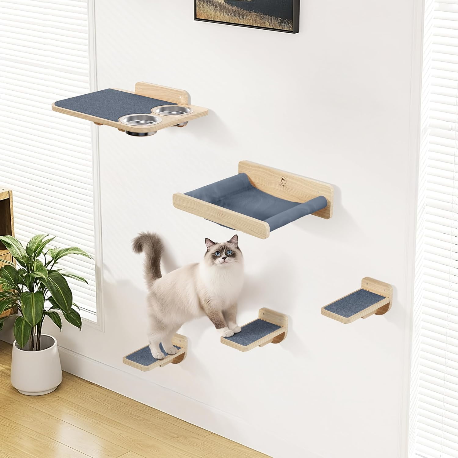 Cat Wall Shelves with Hammock and Dog-Proof Feeding Station in Natural Wood and Gray Carpet