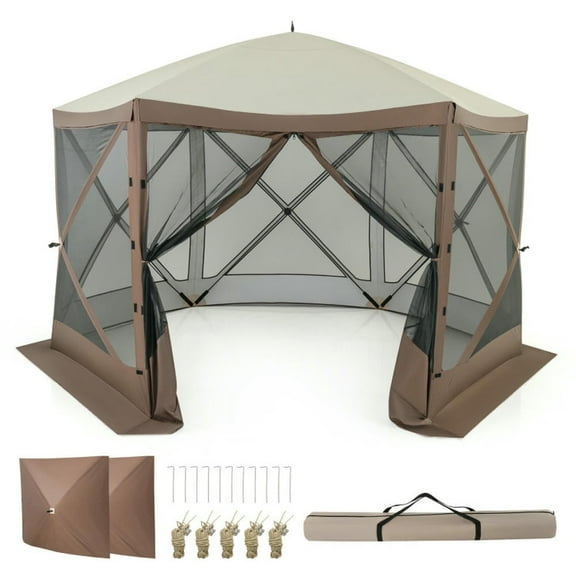Resenkos Canopy, Outdoor Canopy Tent,Pop-up Gazebo 6-sided Instant Setup Screen House Hub Tent with Mesh Netting Walls-Coffee