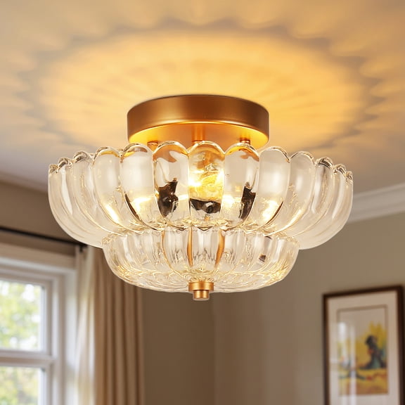 YANSUN 12 in 3-Light Gold Semi Flush Mount Ceiling Light with Amber Glass Shades for Bedroom, Living Room, Hallway, Entryway