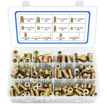 170 PCS Threaded Inserts Nuts, 10 Sizes-1/4"-20, 5/16"-18, 3/8"-16 Wood Inserts Assortment Kit, Steel Threaded Inserts for Wood Furniture Screw Threaded Inserts Kit with 3 PCS Hex Wrench