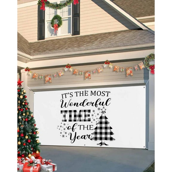 Garage Door Banner Cover 7 x 16 ft, Buffalo Black White Plaid Christmas Tree Snowflake Christmas Garage Door Decorations Holiday Christmas Backdrop Decor for Winter New Year Xmas Party