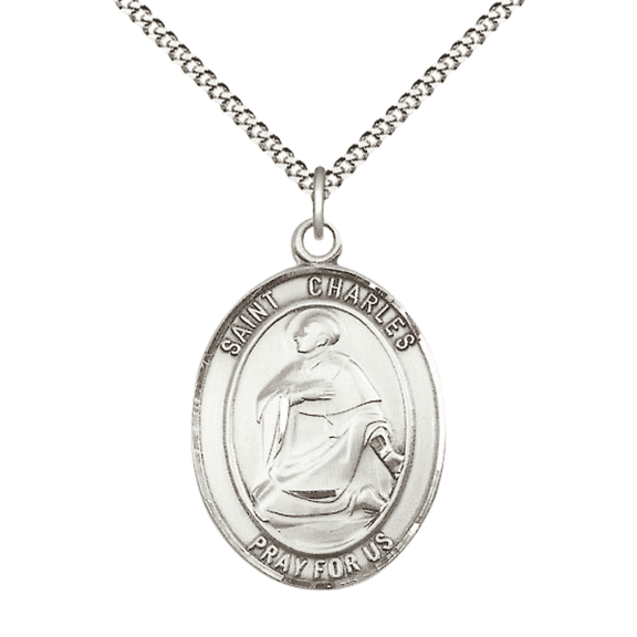 .925 Sterling Silver Saint Charles Borromeo Medal Pendant on 18" Rhodium Plated Lite Curb Brass Chain w/ Lobster Claw Clasp,Catholic Religious Necklace -Made in USA- Deluxe Velvet Gift Box