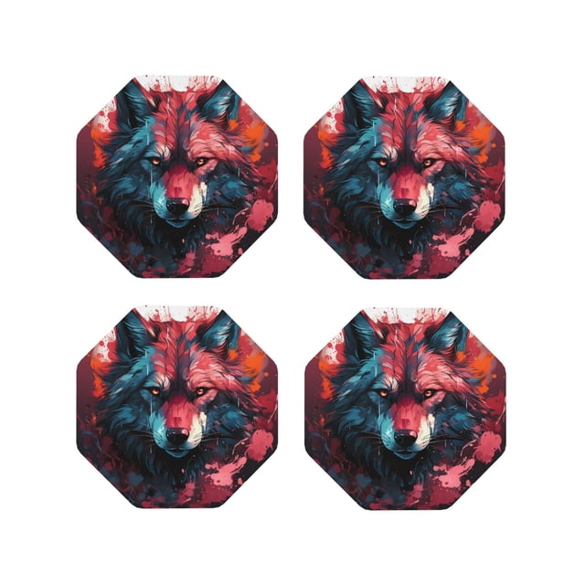 Vsdgher Dessous de Verre en Cuir Imprimé Tête de Loup Rouge pour Boissons, Ensemble de 4 sous-Verres Durables pour Protection de Table, Décoration Intérieure Luxueuse et Cadeau de Pendaison de Crémaillère-Octogone