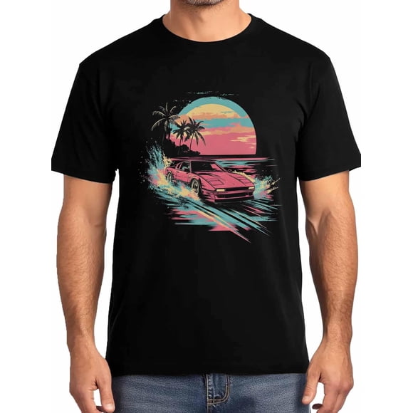 Car Summer Sunset Mens T-Shirts,Short Sleeve T Shirts for Men Crew Neck Tee Tropical Palm Trees Men's T-Shirts