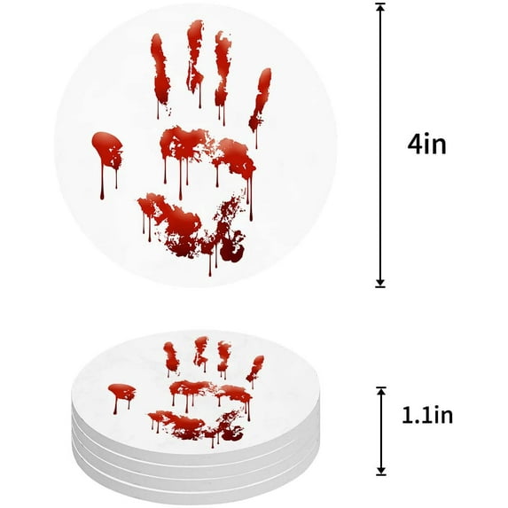 FMSHPON Halloween Horro Hand Print Set of 4 Round Coaster for Drinks, Absorbent Ceramic Stone Coasters Cup Mat with Cork Base for Home Kitchen Room Coffee Table Bar Decor