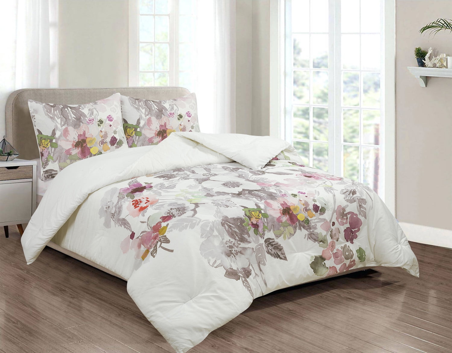 Brighton Grey and Blush Pink Watercolor Floral, 100% Cotton, 3-Piece Comforter and Sham Set ...