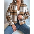 thumbnail image 5 of Women'S Cropped Plaid Shacket Jacket Button Down Long Sleeve Shirts Tops Khaki M, 5 of 7